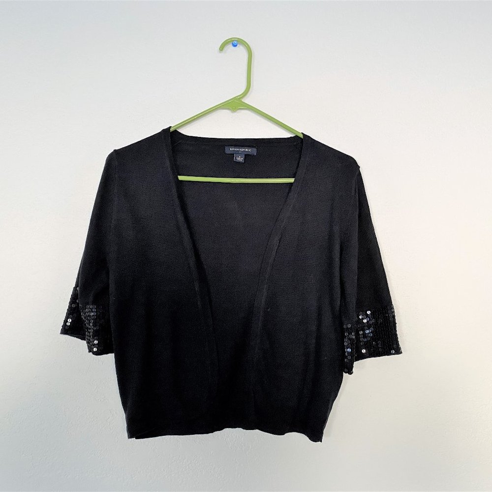 Banana Republic black open front shrug Sequins Edge wide  3/4 sleeve S Cotton